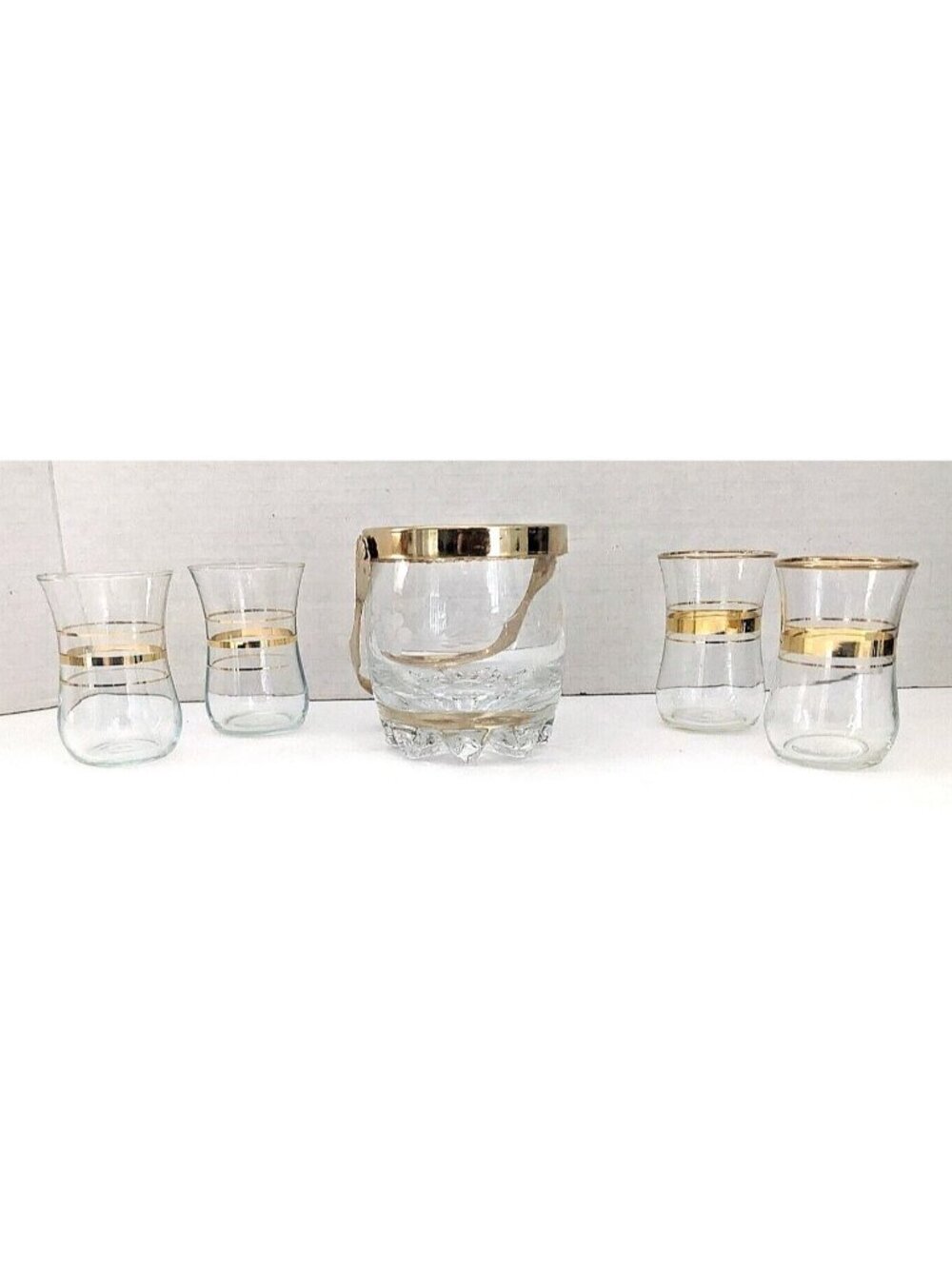 Vintage Mid Century Cut Crystal Ice Bucket w 4 Shot Glasses Gold Gilt Barware